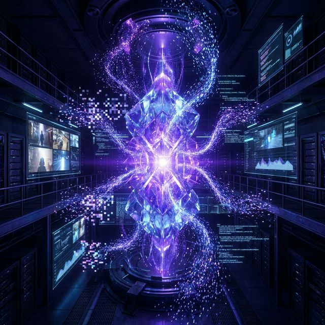 Futuristic AI engine core emitting glowing particles and data streams representing raw video generation power