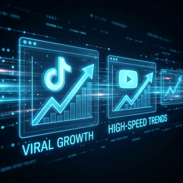 Holographic social media interfaces with TikTok and YouTube icons alongside rising growth charts