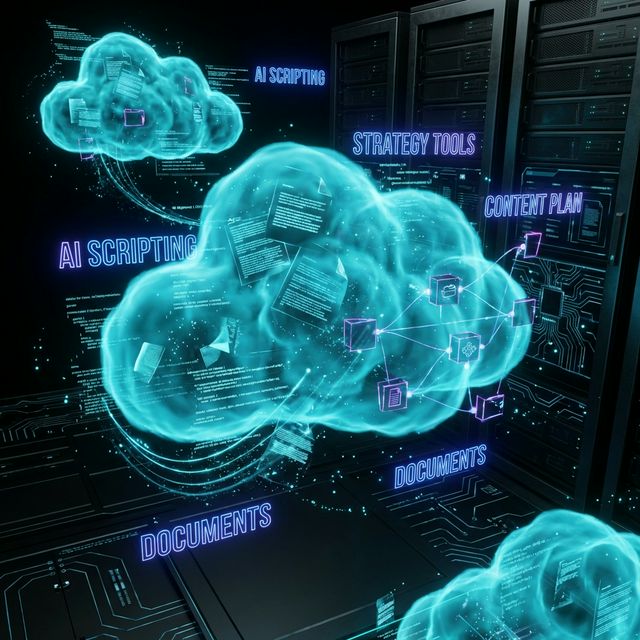 Digital scripts and documents floating in a cyan data cloud with interconnected content planning nodes
