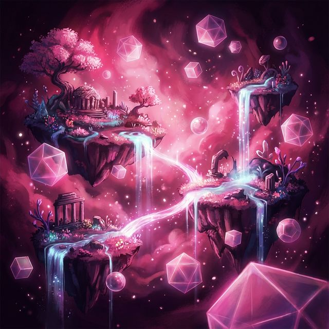 Vibrant anime-style floating islands with 3D geometric shapes in a dreamlike pink space
