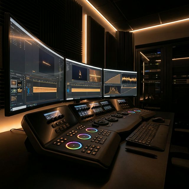 High-tech video editing suite with glowing timelines and color correction wheels in amber lighting